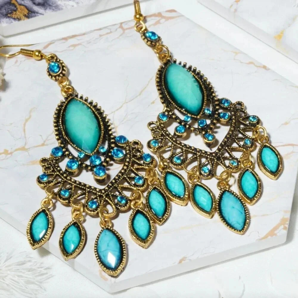 Turquoise Gemstone Chandelier Wedding Earrings, Long Dangle Gemstone Earrings